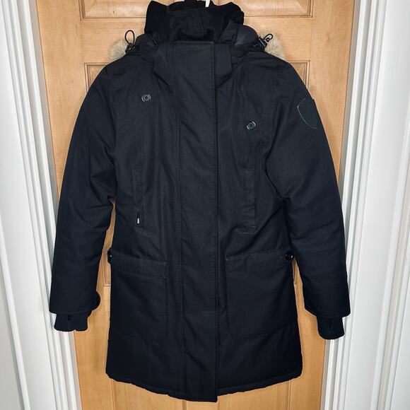 Nobis Down Parka Meredith Women's S Black Fur Trimmed Removable Hood Mid Length - Picture 1 of 14